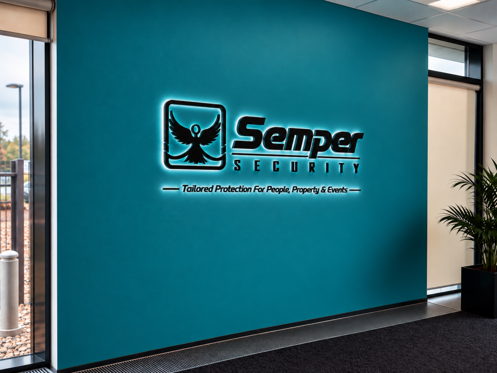 Illuminated Semper Security reception wall at the Coventry office