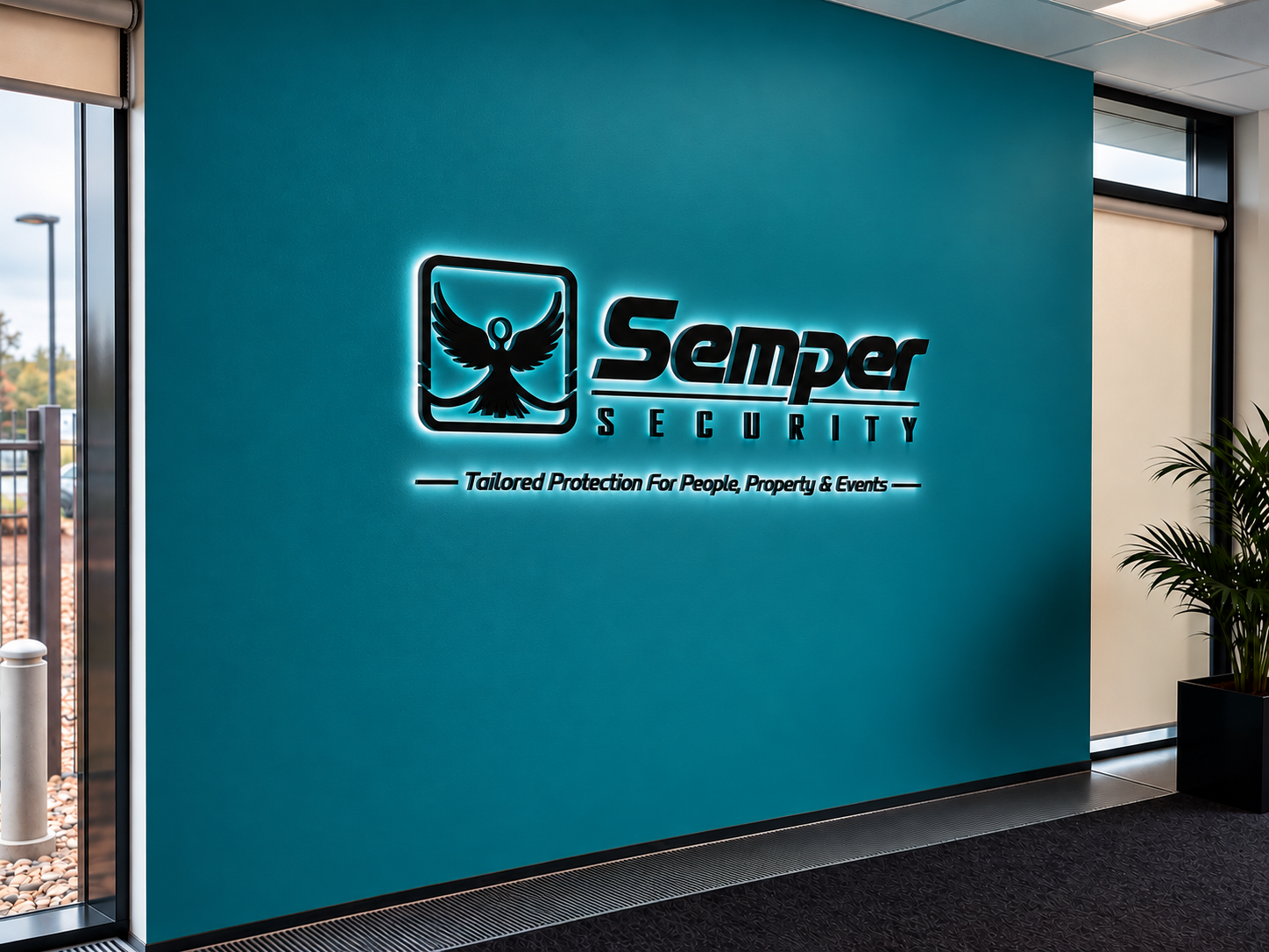 Illuminated Semper Security reception wall at the Coventry office